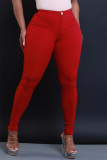 Red Casual Pockets High Waist Pencil Skinny Jeans