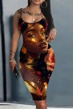 Earthy Yellow Figure Print Sleeveless U Neck Knee Length Casual Outing Bodycon Vest Midi Dress