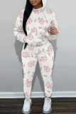 White Floral Print  Long Sleeve Hooded Sweatshirt and Skinny Pant Casual Sportwear Oversized Two Piece Matching Sweatsuit Set