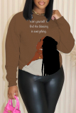 Brown African Girl Letter Print O Neck Long Sleeve Casual Outing Plus Size Fall Winter Sweatshirt