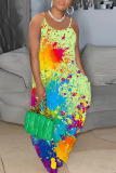 Multicolor Graphics Print Sleeveless Backless Spaghetti Strap Floor Length Vacation Baggy Sundress Maxi Slip Dress