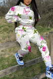 Light Cyan Floral Print Long Sleeve Hooded Sweatshirt and Skinny Pant Casual Sportwear Plus Size Two Pieces Jogger Sets