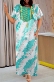 Dark Blue African Graphics Print Fringed Trim Asymmetrical Collar Embroidery Loose Long Kaftan Maxi Satin Dress