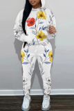 White Floral Print  Long Sleeve Hooded Sweatshirt and Skinny Pant Casual Sportwear Oversized Two Piece Matching Sweatsuit Set