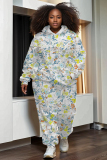 Purple Floral Print Long Sleeve Hooded Sweatshirt and Straight Pant Casual Sportwear Plus Size Two Pieces Tracksuit Set