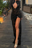 Black Keyhole Neckline with Cut-Out Long Sleeve High Slit Night Out Evening Party Lace Bodycon Maxi Dress