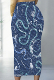 Multicolor Grey Flowers Heart Shaped Faux Denim Print Contrast High Waist Wrap Casual Outing Maxi Skirt