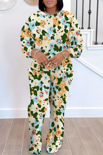 Orange Floral Print O Neck Long Sleeve Sweatshirt And Pants Sportwear Casual Two Pieces Jogger Sets