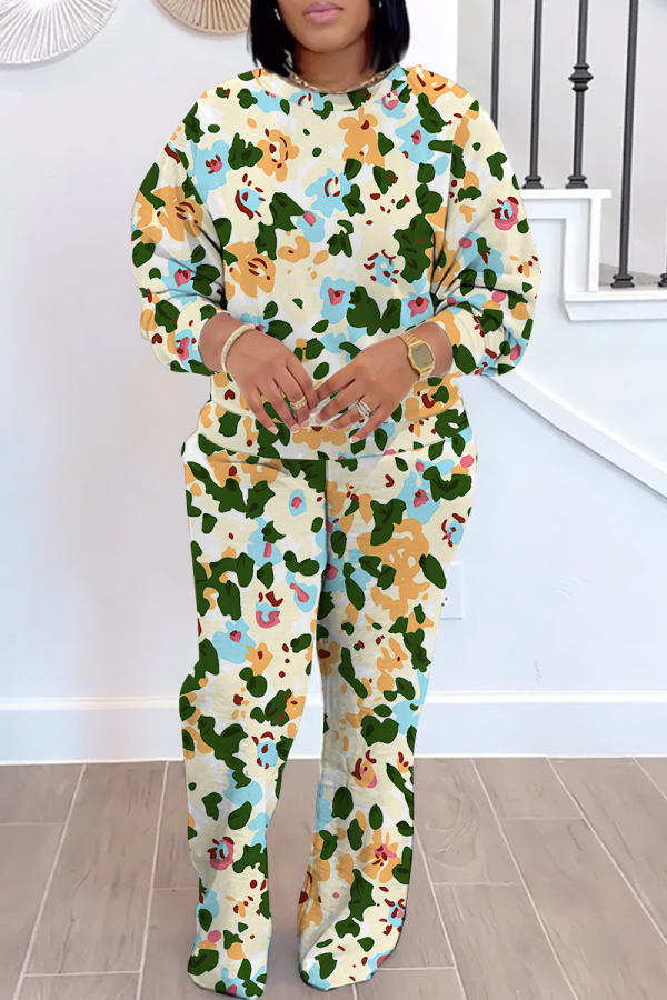 Orange Floral Print O Neck Long Sleeve Sweatshirt And Pants Sportwear Casual Two Pieces Jogger Sets