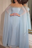 Blue Hot Drill Beaded Trim Off-Shoulder Sheer Cape Sleeve Formal Evening Gown Flowing Chiffon Maxi Dresses