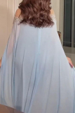 Blue Hot Drill Beaded Trim Off-Shoulder Sheer Cape Sleeve Formal Evening Gown Flowing Chiffon Maxi Dresses