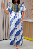 Dark Blue African Graphics Print Fringed Trim Asymmetrical Collar Embroidery Loose Long Kaftan Maxi Satin Dress