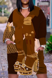 Khaki Graphics Print V Neck Long Sleeve Plus Size Loose Pockets Casual Outing Midi T-Shirt Dress