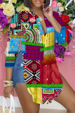 Multicolor Graphics Print Lapel Collar Long Sleeve Button-Front High Low Hem Casual Outing Blouse Office Shirt Tops