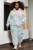 Purple Floral Print Long Sleeve Hooded Sweatshirt and Straight Pant Casual Sportwear Plus Size Two Pieces Tracksuit Set