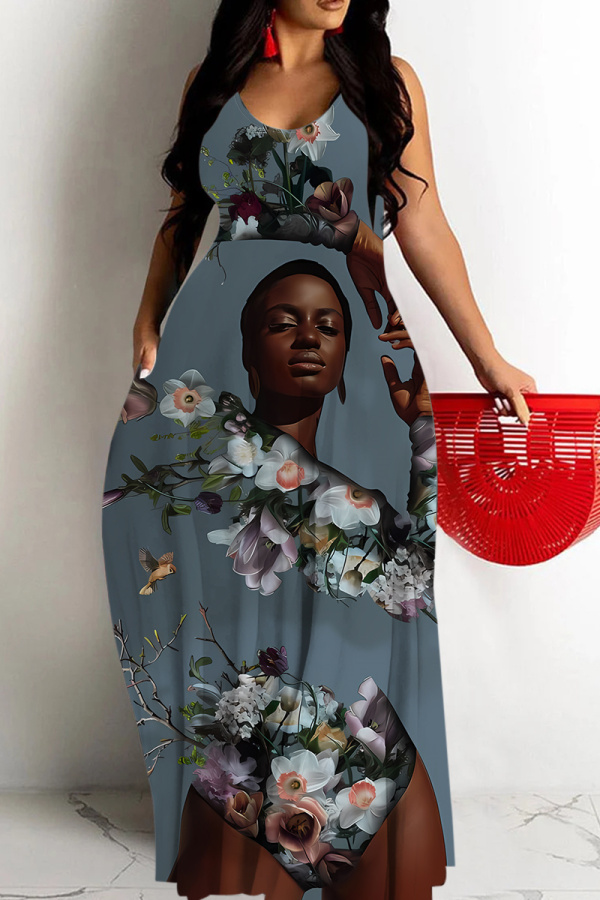 Blue Gray African Girl Print Sleeveless Backless Spaghetti Strap Floor Length Vacation Baggy Sundress Maxi Slip Dress