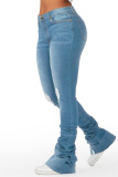 Grey Casual High Waist Distressed Ripped Stacked Pants Denim Jeans