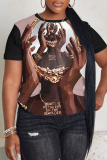 Black Casual African Girl Print O Neck Short Sleeve Oversize Graphics T-Shirts