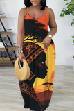 Brown African Girl Print Sleeveless Backless Spaghetti Strap Floor Length Vacation Baggy Sundress Maxi Slip Dress
