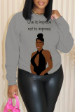 Brown African Girl Letter Print O Neck Long Sleeve Casual Outing Plus Size Fall Winter Sweatshirt