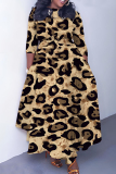 Brown Graphics Print O Neck 3/4 Sleeve Belted Waist Casual Outing Plus Size Straight Loose Maxi Dresses