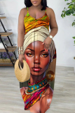 Brown African Girl Print Sleeveless Backless Spaghetti Strap Floor Length Vacation Baggy Sundress Maxi Slip Dress