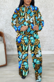 Blue Butterfly Print Long Sleeve Hooded Sweatshirt and Skinny Pant Casual Sportwear 2 Piece Sweatsuit
