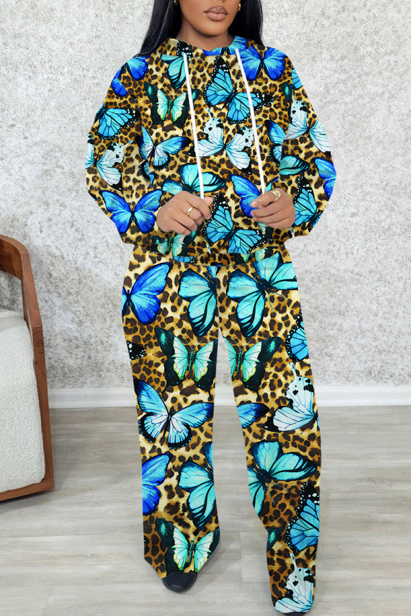Blue Butterfly Print Long Sleeve Hooded Sweatshirt and Skinny Pant Casual Sportwear 2 Piece Sweatsuit