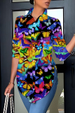 Yellow Butterfly Print Turndown Collar Long Sleeve Button-Front Casual Outing Blouse Office Shirt Tops