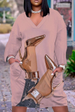 Khaki Graphics Print V Neck Long Sleeve Plus Size Loose Pockets Casual Outing Midi T-Shirt Dress