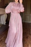 Pink Bow-Tie Crewneck Lantern Sleeve Formal Evening Party Prom Gown Pleated Maxi Satin Dresses