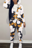 Apricot Floral Print Long Sleeve Hooded Sweatshirt and Pant Casual Sportwear Plus Size Two Pieces Matching Sweatsuit Set