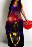 Blue Gray African Girl Print Sleeveless Backless Spaghetti Strap Floor Length Vacation Baggy Sundress Maxi Slip Dress