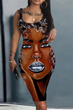 Earthy Yellow Figure Print Sleeveless U Neck Knee Length Casual Outing Bodycon Vest Midi Dress