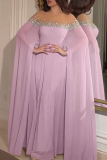 Blue Hot Drill Beaded Trim Off-Shoulder Sheer Cape Sleeve Formal Evening Gown Flowing Chiffon Maxi Dresses