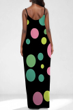 Rose Red Geometric Polka Dot Print Sleeveless Backless Spaghetti Strap Floor Length Vacation Baggy Sundress Maxi Slip Dress