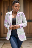 White Formal Office Casual Floral Print Cardigan Turn-back Collar Long Sleeve Blazer Jackets