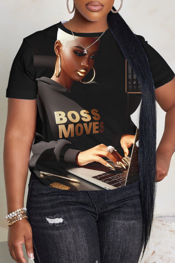 Black Casual African Girl Print O Neck Short Sleeve Oversize Graphics T-Shirts