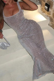 Sliver Square Neck Sleeveless Backless Sequin Bodycon Evening Gown Sparkling Maxi Dresses
