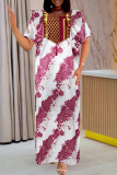 Dark Blue African Graphics Print Fringed Trim Asymmetrical Collar Embroidery Loose Long Kaftan Maxi Satin Dress