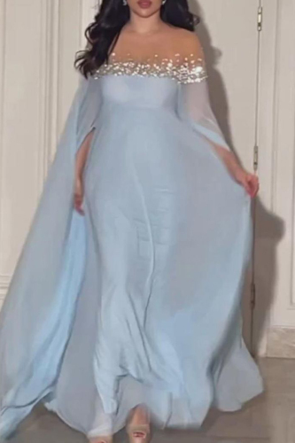 Blue Hot Drill Beaded Trim Off-Shoulder Sheer Cape Sleeve Formal Evening Gown Flowing Chiffon Maxi Dresses