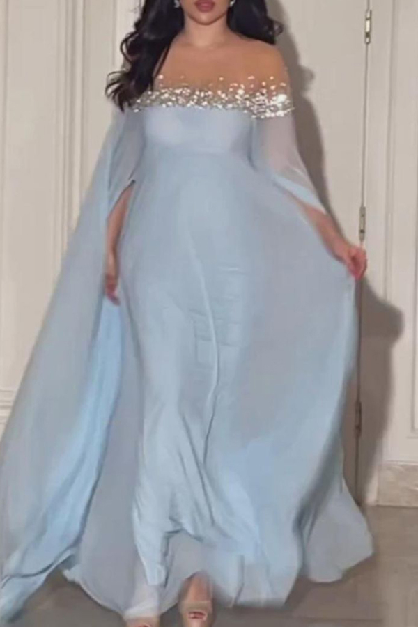 Blue Hot Drill Beaded Trim Off-Shoulder Sheer Cape Sleeve Formal Evening Gown Flowing Chiffon Maxi Dresses