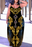 Dark Blue Graphics Print Sleeveless Backless Spaghetti Strap Floor Length Vacation Baggy Sundress Maxi Slip Dress