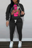 White Figure Lips Print Long Sleeve Hooded Sweatshirt and Skinny Pant Casual Sportwear 2 Piece Sweatsuit