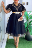 Black African Beads Trim V Neck Ruffle Sleeve With Belt Mesh Sheer Long Plus Size Pleated Midi Dresses