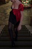 Black One-Shoulder with Large Red Satin Bow Sleeveless Strapless Evening Prom Gown Night Out Tube Mini Dresses
