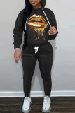 White Figure Lips Print Long Sleeve Hooded Sweatshirt and Skinny Pant Casual Sportwear 2 Piece Sweatsuit