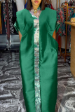 Green African V Neck Half Sleeve Shiny Metallic Panel Front Loose Flowing Kaftan Maxi Satin Dresses
