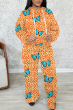 Blue Butterfly Print Long Sleeve Hooded Sweatshirt and Skinny Pant Casual Sportwear 2 Piece Sweatsuit