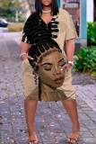 Gray Brown African Girls Print V Neck Short Sleeve Plus Size Loose Pockets Casual Outing Midi T-Shirt Dress
